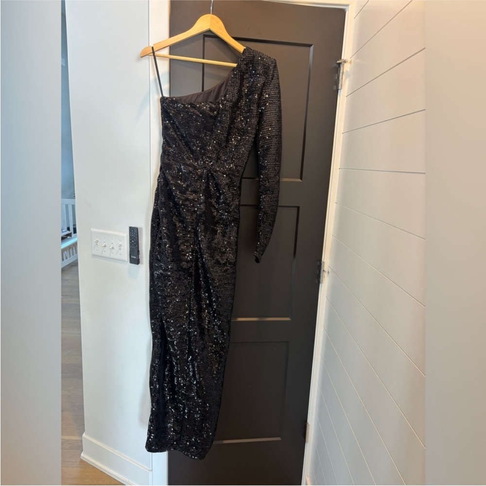 Revolve Michael Costello Terri gown Sequin One Shoulder Side Slit dress black - Picture 7 of 10